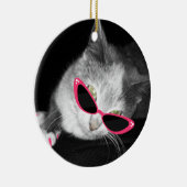 Kat met roze zonnebril en klauw keramisch ornament (Rechts)