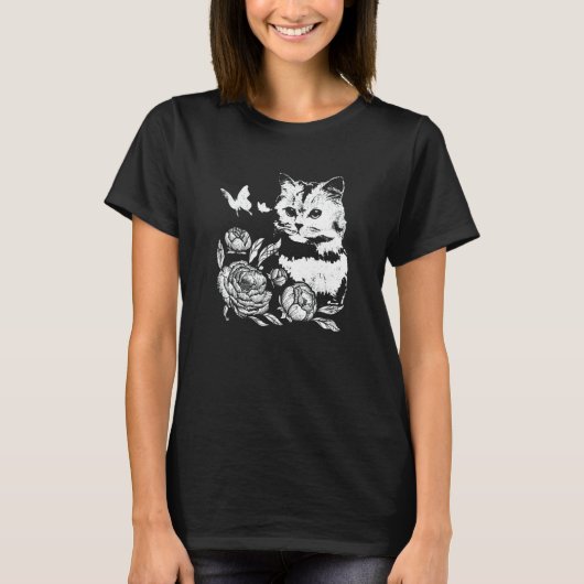 Kat Met Rozen En Vlinders Bloemstuk T-shirt (Voorkant)