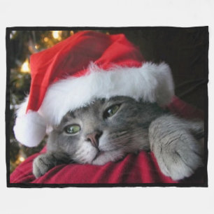 Kat met Santa Hat Fleece Blanket Deken
