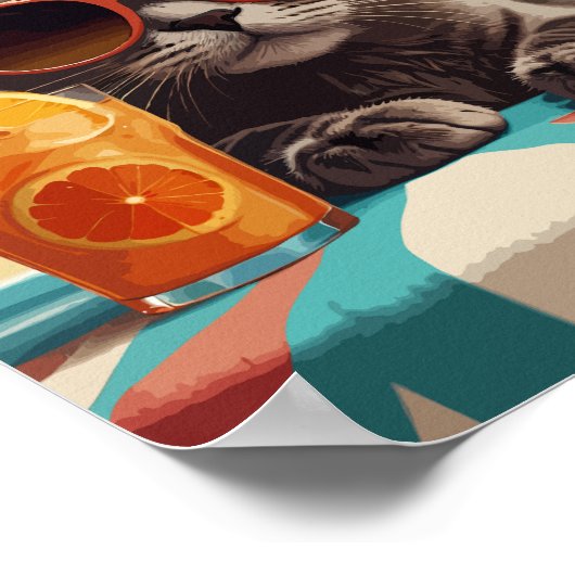 Kat met sinaasappel op het strand poster (Hoek)