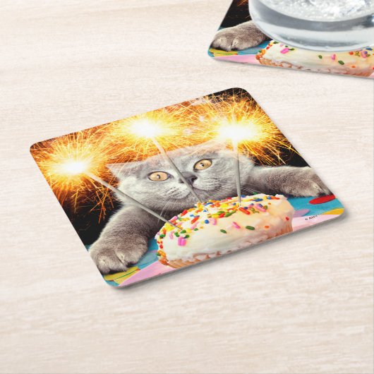 Kat met Sparkler Cupcake Kartonnen Onderzetters (Schuin)