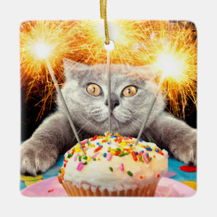 Kat met Sparkler Cupcake Keramisch Ornament