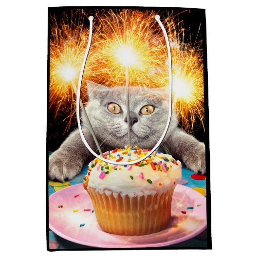 Kat met Sparkler Cupcake Medium Cadeauzakje (Voorkant)