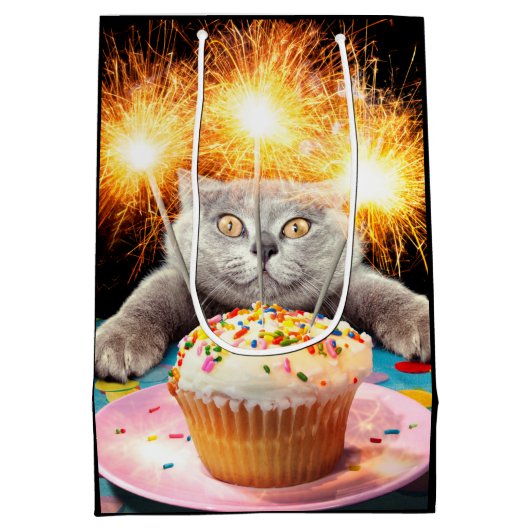 Kat met Sparkler Cupcake Medium Cadeauzakje (Achterkant)