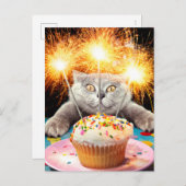 Kat met Sparkler Cupcake Uitnodiging Briefkaart (Voorkant / Achterkant)