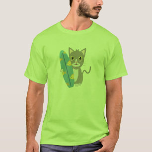 Kat met surfplank t-shirt