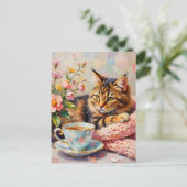Kat met theekop briefkaart (Staand voorkant)