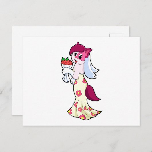 Kat met trouwjurk & bos bloemen briefkaart (Voorkant / Achterkant)