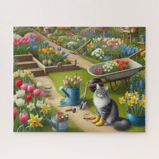 Kat met tuinschoenen bloemmotief legpuzzel (Horizontaal)