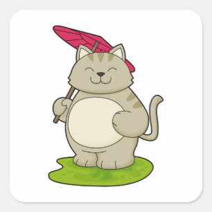 Kat met Umbrella Vierkante Sticker