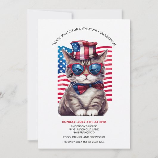 Kat met Uncle Sam Pet 4th Of Juli Uitnodigingen (Voorkant)