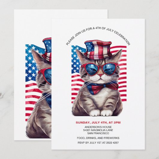 Kat met Uncle Sam Pet 4th Of Juli Uitnodigingen (Voorkant / Achterkant)