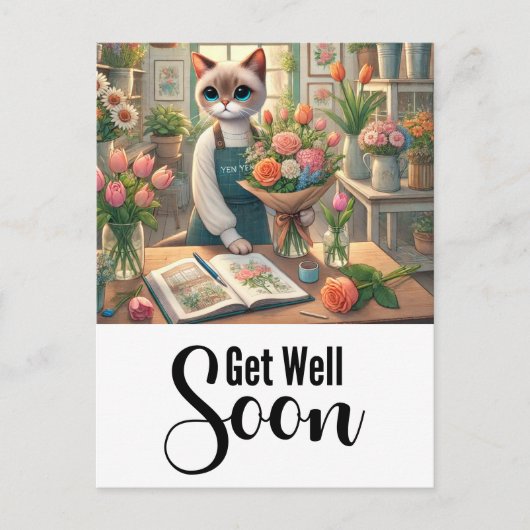 Kat met veel bloemen Beterschap  Briefkaart (Voorkant)