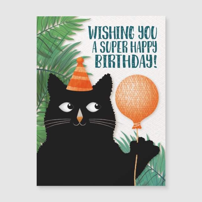 Kat met verjaardagscadeau, pet, ballon en plant (Voorkant)