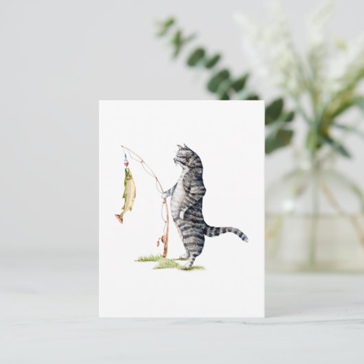 Kat met vis briefkaart (Staand voorkant)