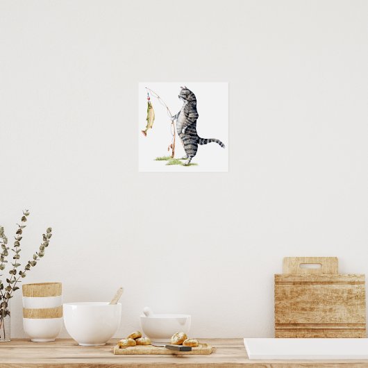 Kat met vis poster (Keuken)