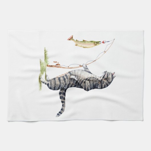 Kat met vis theedoek (Horizontaal)