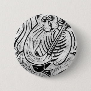 Kat met visgitaar ronde button 5,7 cm