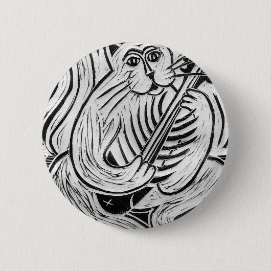 Kat met visgitaar ronde button 5,7 cm (Voorkant)