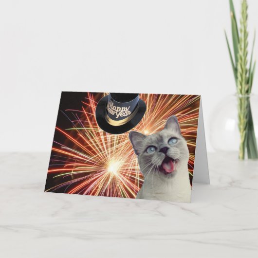Kat met vuurwerk feestdagen kaart (Voorkant)