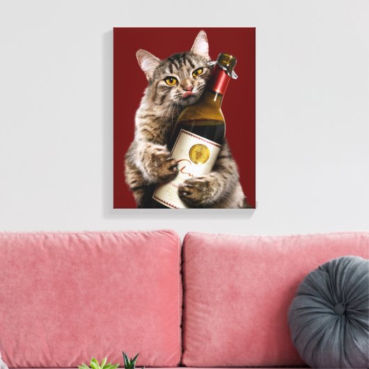 Kat met wijnfles canvas afdruk (Insitu (Woonkamer))