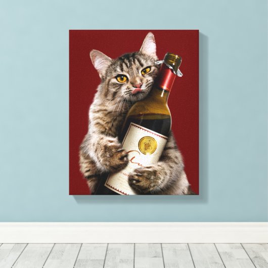 Kat met wijnfles canvas afdruk (Insitu (Houten vloer))