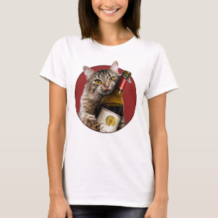 Kat met wijnfles t-shirt
