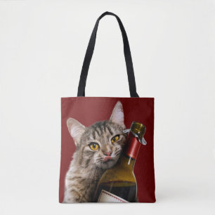 Kat met wijnfles tote bag