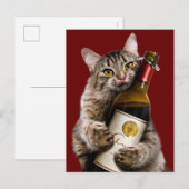 Kat met wijnfles uitnodiging briefkaart (Voorkant / Achterkant)