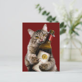 Kat met wijnfles uitnodiging briefkaart (Staand voorkant)