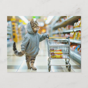 Kat met winkelmandje in supermarktgang feestdagenkaart