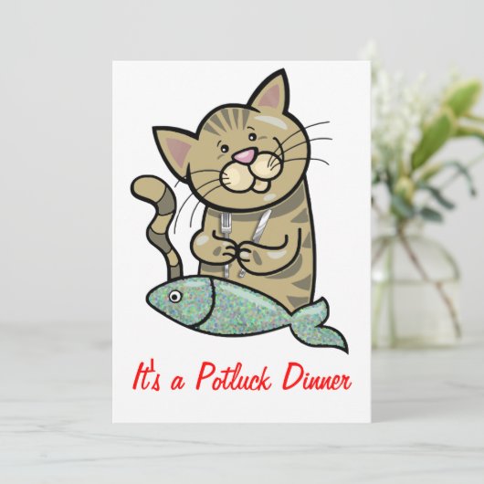 Kat met zeevoedsel Dinner Potluck Kaart (Staand voorkant)