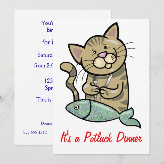Kat met zeevoedsel Dinner Potluck Kaart (Voorkant / Achterkant)