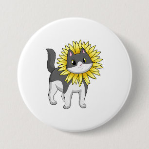 Kat met zonnebloem ronde button 7,6 cm