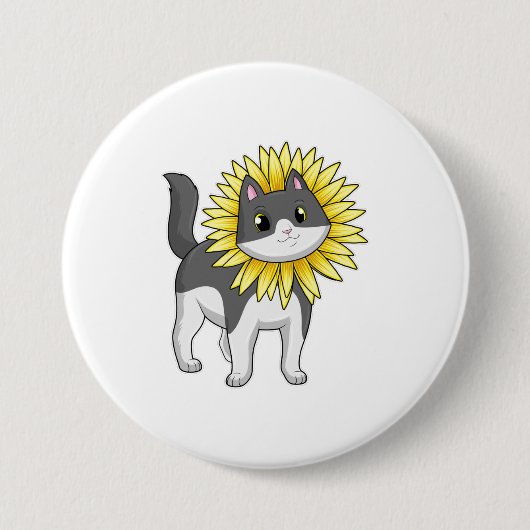 Kat met zonnebloem ronde button 7,6 cm (Voorkant)