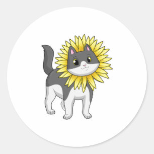 Kat met zonnebloem ronde sticker