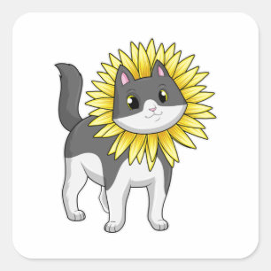 Kat met zonnebloem vierkante sticker