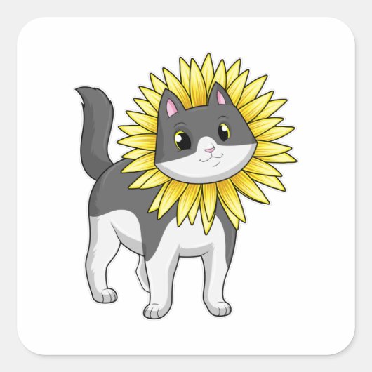 Kat met zonnebloem vierkante sticker (Voorkant)