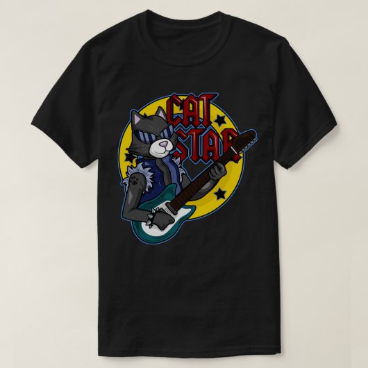 Kat met zonnebril als musicaan met gitaar t-shirt (Design voorkant)