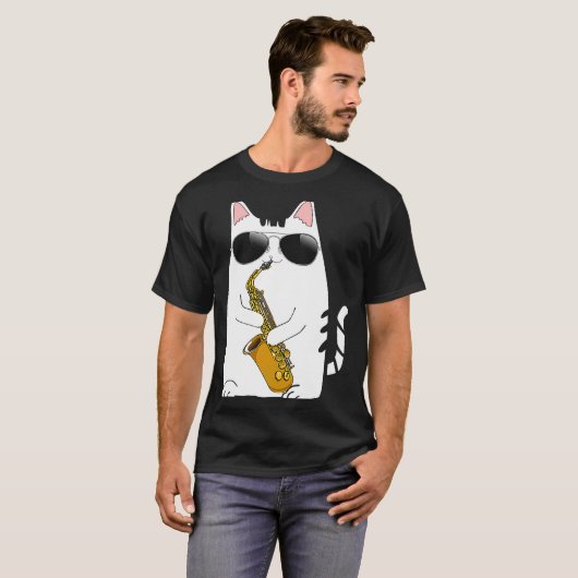 Kat met zonnebril die Saxophone Saxophoni speelt T-shirt (Voorkant volledig)