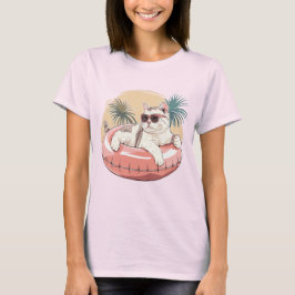 Kat met zonnebril in roze zwemring t-shirt