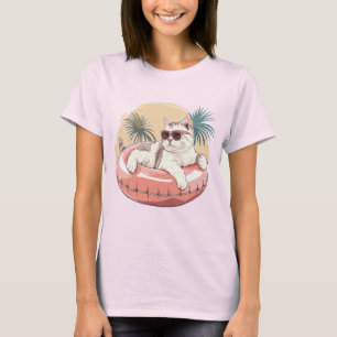 Kat met zonnebril in roze zwemring t-shirt
