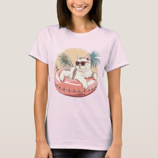 Kat met zonnebril in roze zwemring t-shirt (Voorkant)