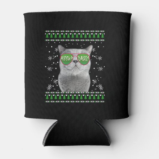 Kat met zonnebril Meowy Ugly KerstSweater Blikjeskoeler (Voorkant)