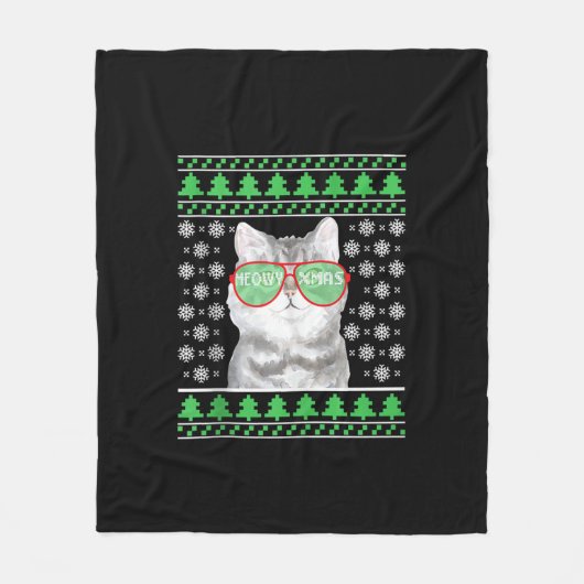 Kat met zonnebril Meowy Ugly KerstSweater Fleece Deken (Voorkant)