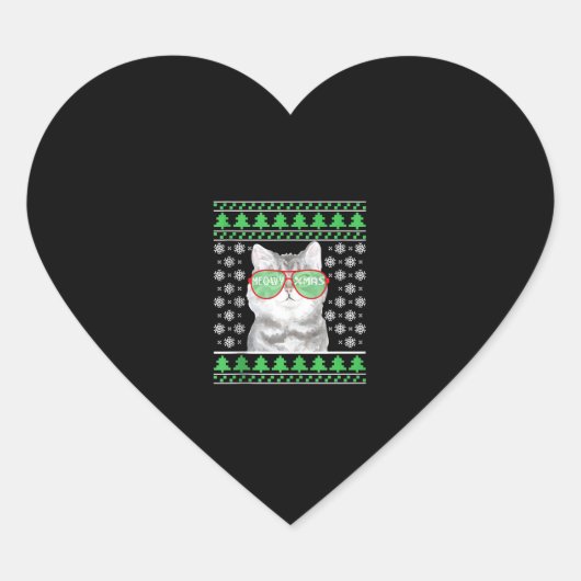 Kat met zonnebril Meowy Ugly KerstSweater Hart Sticker (Voorkant)