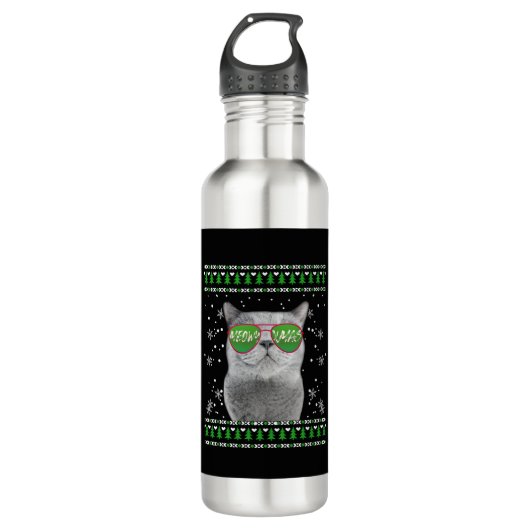 Kat met zonnebril Meowy Ugly KerstSweater Waterfles (Voorkant)