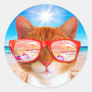 Kat met zonnebril op het strand ronde sticker