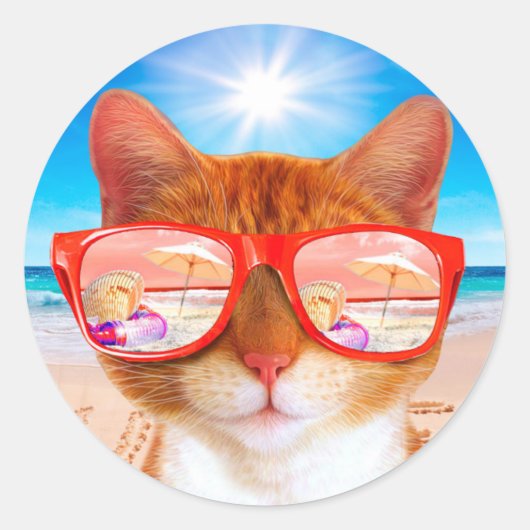 Kat met zonnebril op het strand ronde sticker (Voorkant)