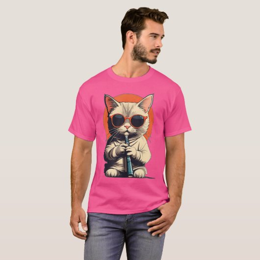 Kat met zonnebril speelt fluit Funny Schattige Ca T-shirt (Voorkant volledig)